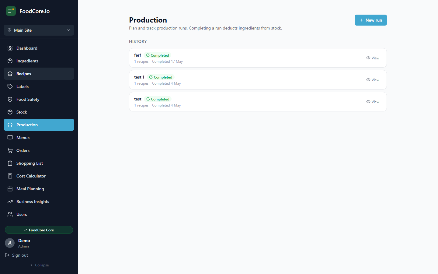 FoodCore production scheduling showing scheduled runs with batch quantities