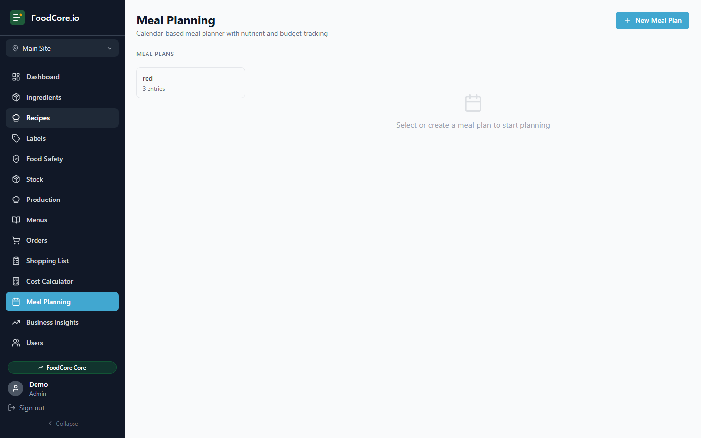 FoodCore meal planning module with calendar-based planner and nutrient tracking
