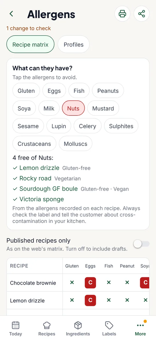 The allergen matrix with nuts selected, listing four recipes free of nuts