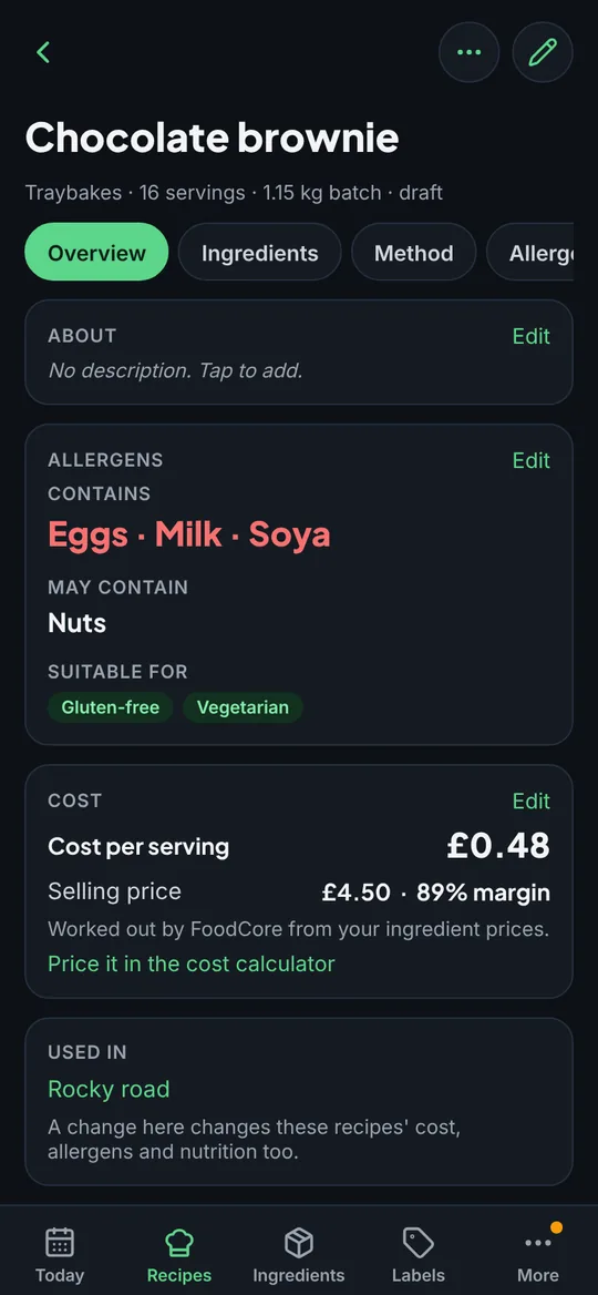 The recipe screen in dark mode