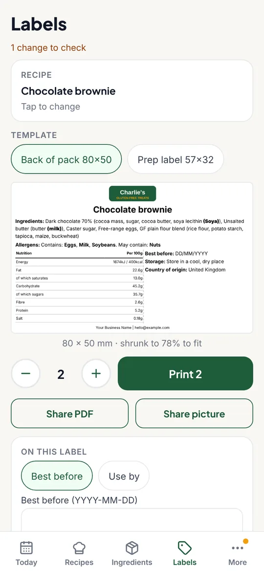 A back-of-pack label for a chocolate brownie with a logo, ingredients and a nutrition table, ready to print two copies
