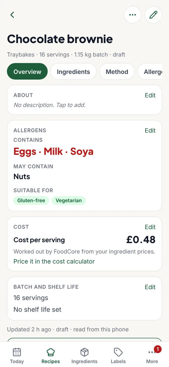 A chocolate brownie recipe showing it contains eggs, milk and soya, may contain nuts, and costs 48p a serving