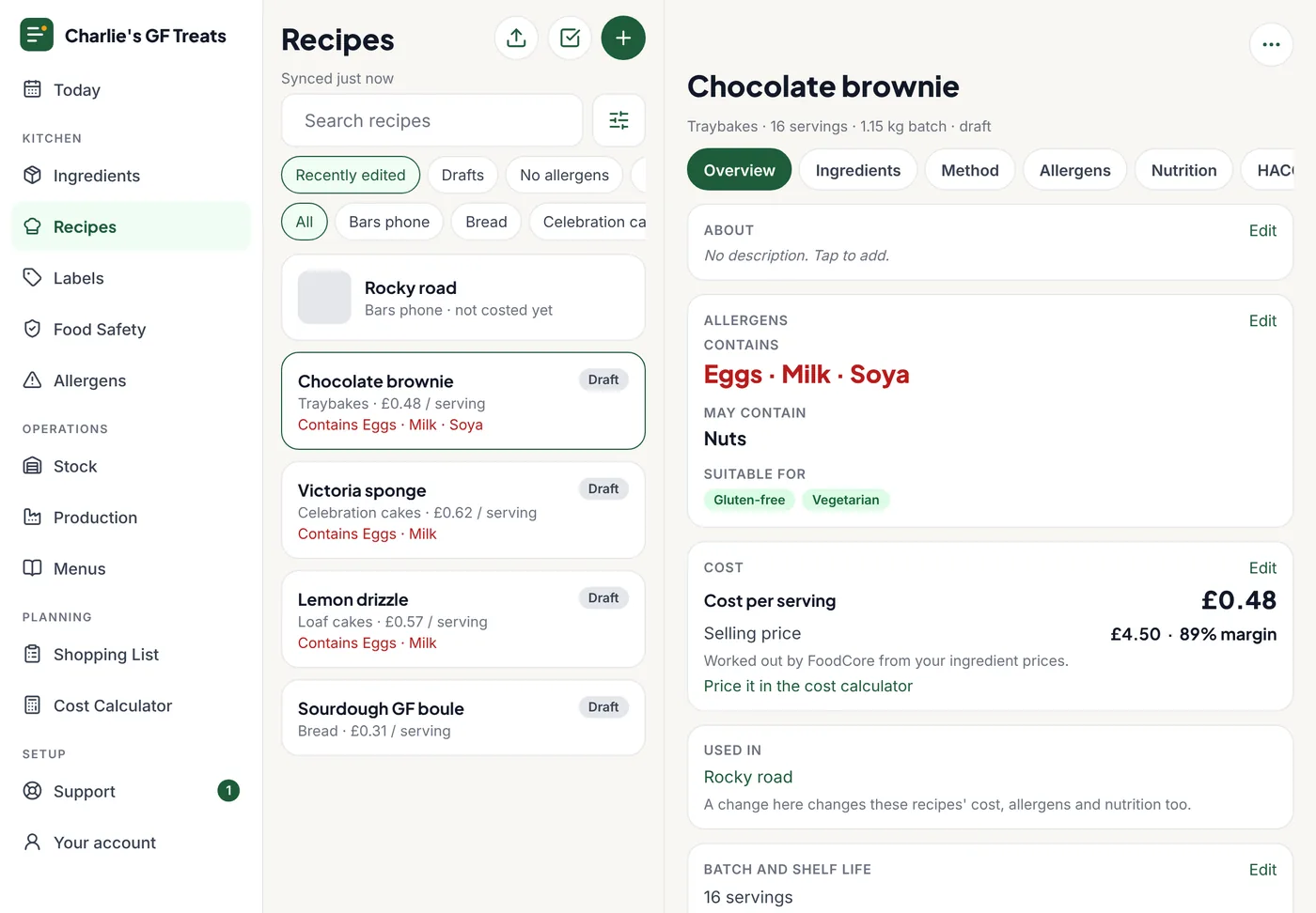 The app on a tablet: the menu, the recipe list and a recipe side by side