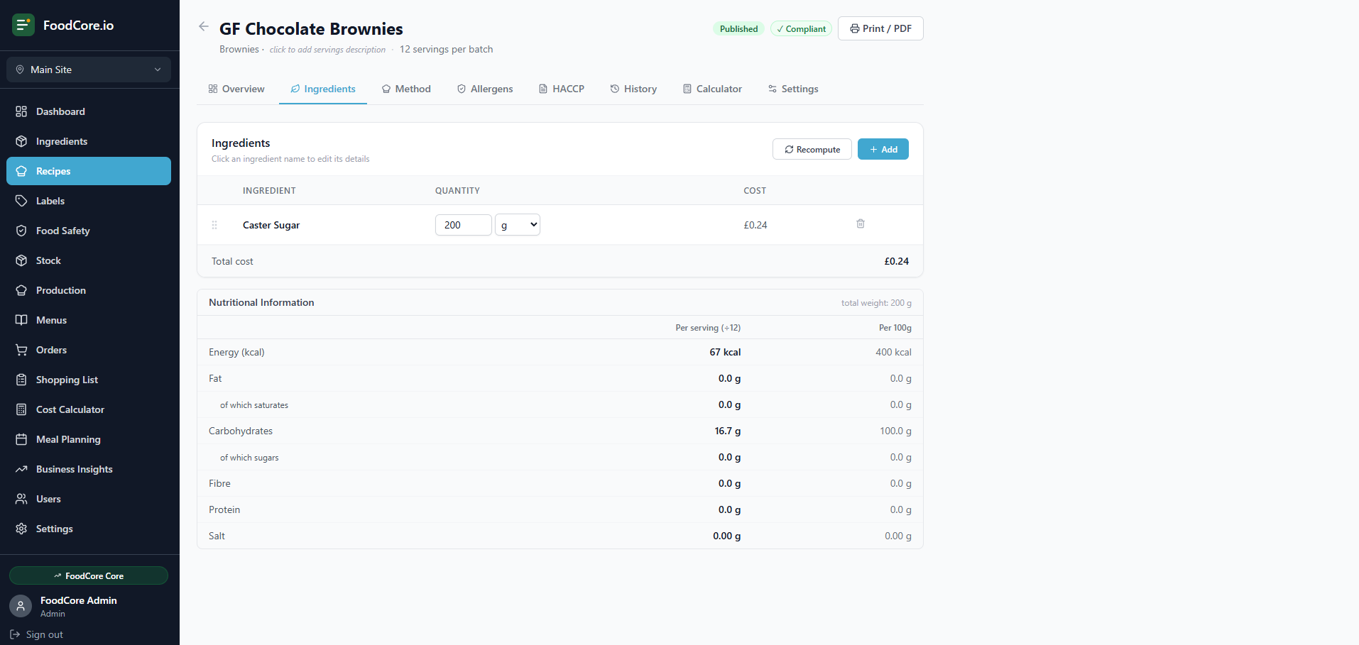 FoodCore recipe view showing ingredient list with nutritional breakdown per serving